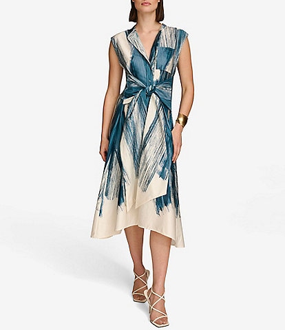 Donna Karan Printed Collared V-Neck Cap Sleeve Knotted Waist Button Front Fit and Flare Midi Dress