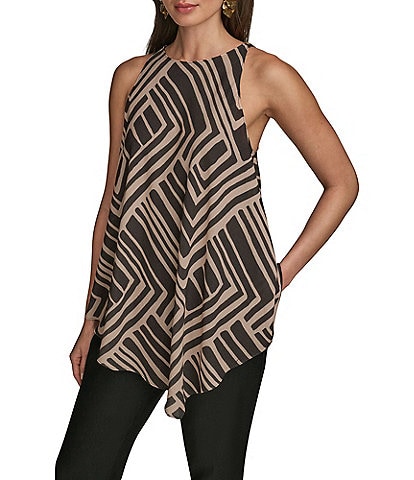 Donna Karan Printed Crew Neck Sleeveless Angled Top