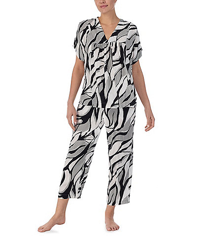 Donna Karan Printed Dolman Sleeve V-Neck Woven Cropped Pajama Set