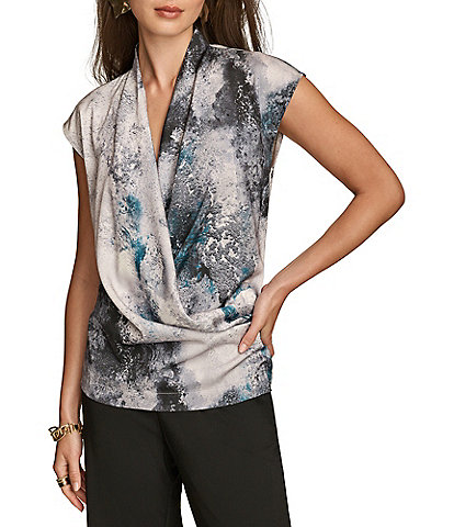 Donna Karan Printed Faux-Wrap Cap Sleeve Top