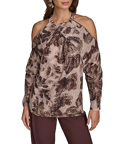 Donna Karan Printed Georgette Halter Neck Cold Shoulder Long Sleeve Top