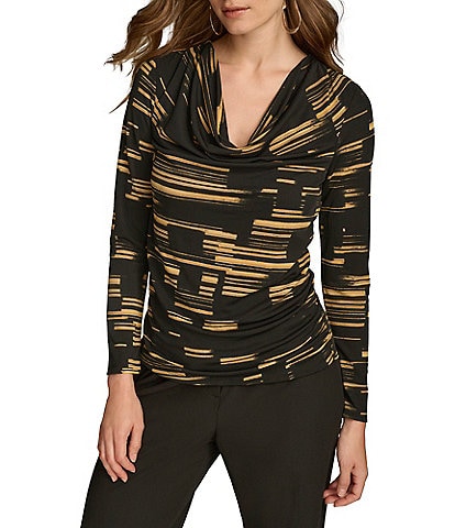 Donna Karan Printed Long Sleeve Cowl Neck Drape Front Top