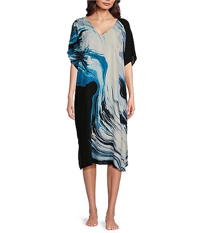 Donna Karan Printed Short Sleeve V Neck Caftan