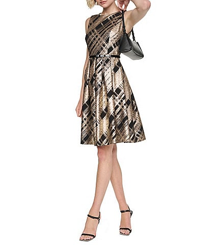 Donna Karan Printed Sleeveless Belted Dress