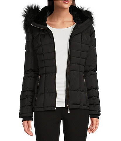 Donna Karan Quilted Faux Fur Hooded Long Sleeve Puffer Coat