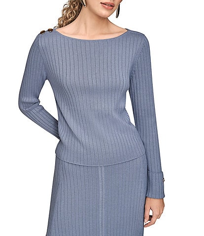 Donna Karan Ribbed Wool Blend Boat Neck Long Sleeve Button Embellished Top