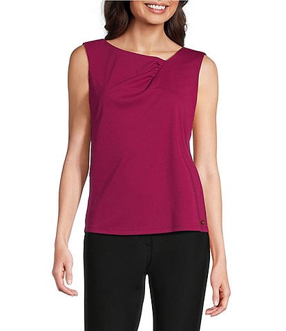 Donna Karan Ruched Asymmetrical Neckline Sleeveless Top