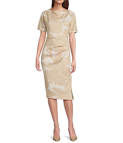 Donna Karan Ruched Short Sleeve Boat Neck Floral Scuba Sheath Dress