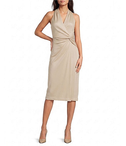Donna Karan Ruched Twist Front Halter Midi Dress