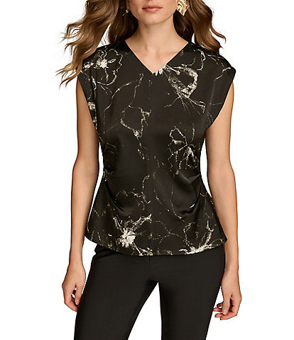 Donna Karan Satin Back Crepe V-Neck Cap Abstract Print Sleeve Top