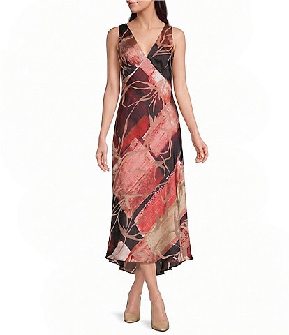 Donna Karan Satin Burnout V-Neck Sleeveless Midi Dress