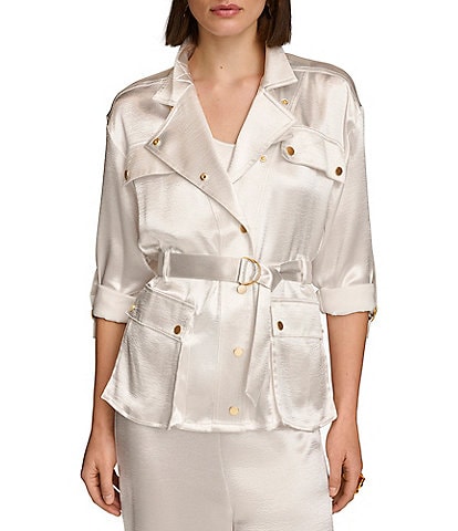 Donna Karan Satin Notch Lapel Collar Flap Pocket Roll Tab Long Sleeve Belted Coordinating Jacket