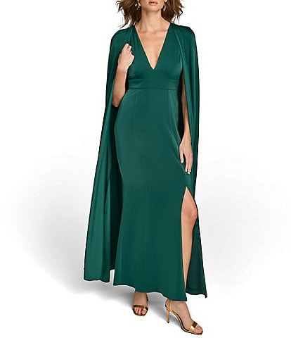 Donna Karan Satin Plunge V-Neck Cape A-Line Gown