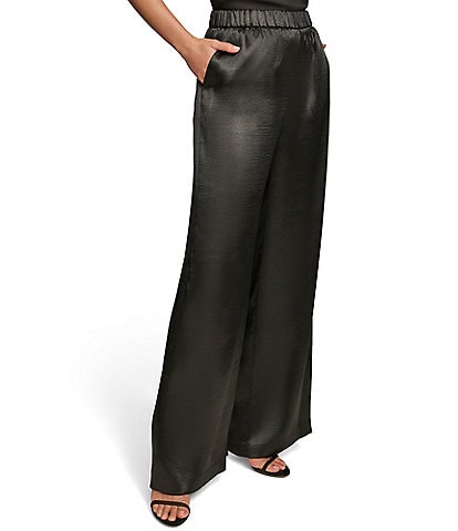 Donna Karan Satin Wide Leg Pull-On Single Pleat Front Pants