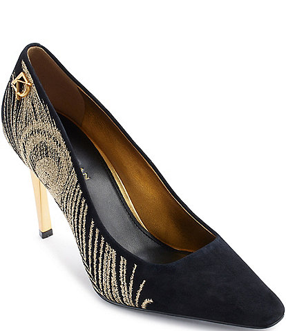 Donna Karan Savita High Suede Embroidered Peacock Pumps