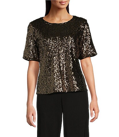 Donna Karan Sequin Crew Neck Short Sleeve Top