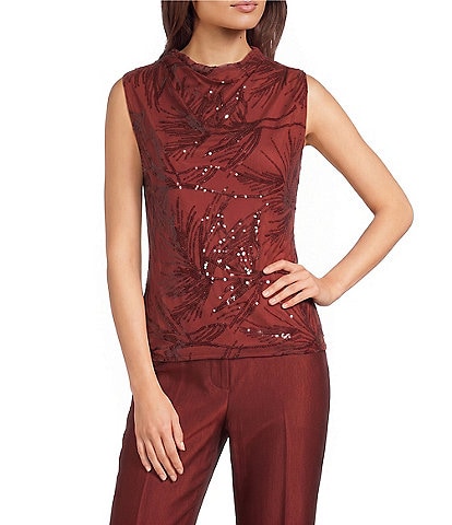 Donna Karan Sequin Mesh Knit Cowl Neck Sleeveless Blouse