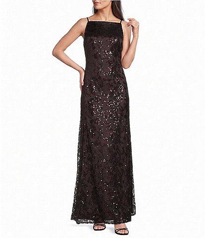 Donna Karan Sequin Mesh Sleeveless Deep V-Back Long Dress
