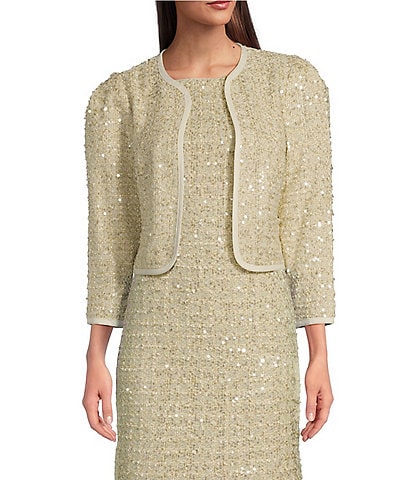 Donna Karan Sequin Tweed Crew Neck 3/4 Sleeve Open Front Coordinating Jacket
