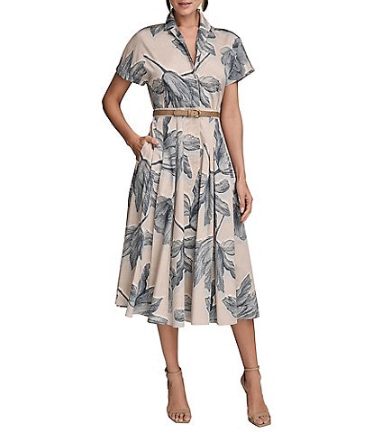 Donna Karan Short Sleeve Belted Button Front Midi Shirt Dress