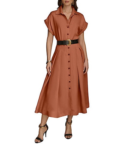 Donna Karan Short Sleeve Button Front Midi Belted Shirt Dress