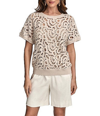 Donna Karan Short Sleeve Drop Shoulder Crochet Top