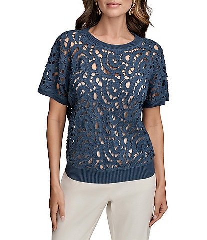 Donna Karan Short Sleeve Drop Shoulder Crochet Top