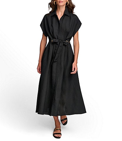 Donna Karan Short Sleeve Point Collar Tie Waist Linen Blend Midi A-Line Dress