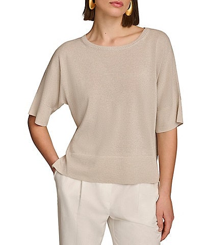 Donna Karan Short Sleeve Shimmer Open Knit Top