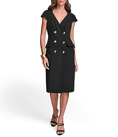 Donna Karan Short Sleeve V-Neck Button Front Crepe Dress