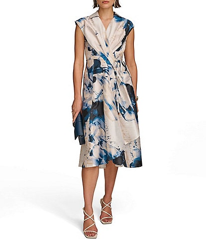 Donna Karan Short Sleeve V-Neck Cinched Waist Printed Dress