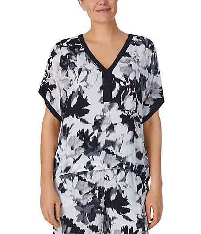 Donna Karan Short Sleeve V-Neck Woven Floral Print Coordinating Sleep Top