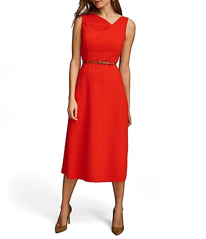 Donna Karan Sleeveless Asymmetrical Neck Belted A-Line Midi Dress