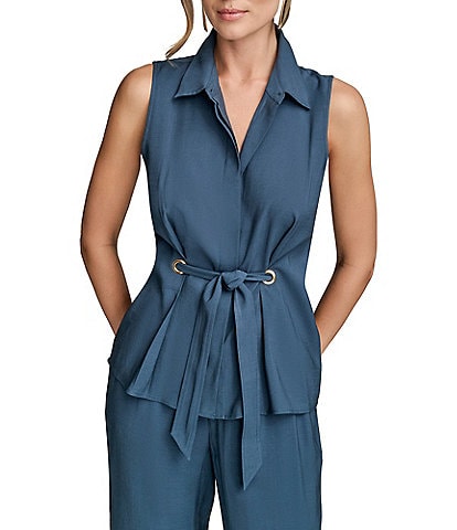 Donna Karan Sleeveless Button Front Tie Waist Top