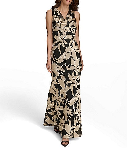 Donna Karan Sleeveless Cowl Neck Floral Maxi Dress