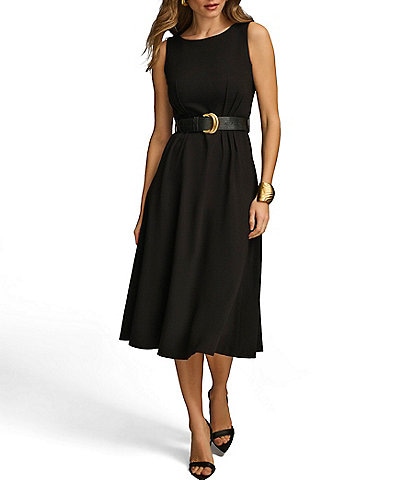 Donna Karan Sleeveless Crew Neck Belted Crepe Fit And Flare Midi Dress