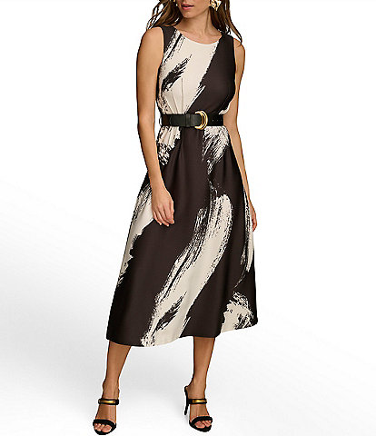 Donna Karan Sleeveless Crew Neck Printed Midi Scuba A-line Dress