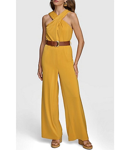 Donna Karan Sleeveless Halter Neck Belted Satin Jumpsuit