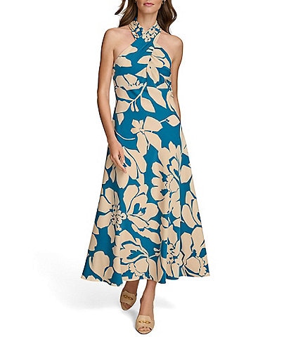 Donna Karan Sleeveless Halter Neck Floral Satin Maxi Dress