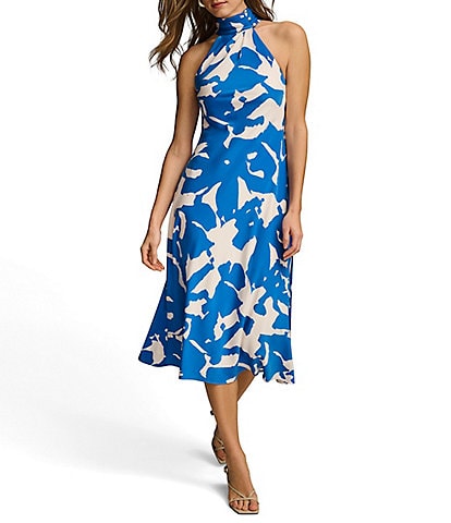 Donna Karan Sleeveless Halter Neck Printed Satin Midi Dress