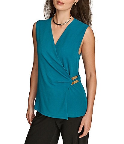 Donna Karan Sleeveless Hardware Embellished Faux Wrap Top