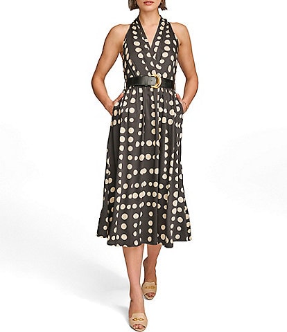 Donna Karan Sleeveless V-Neck Belted Polka Dot Midi Dress