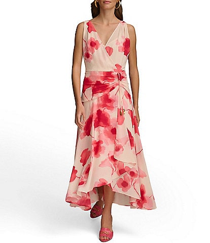 Donna Karan Sleeveless V-Neck Floral Cascade Ruffle Chiffon Dress