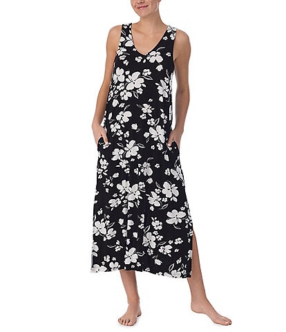 Donna Karan Sleeveless V-Neck Floral Jersey Knit Lounge Dress