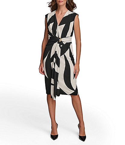 Donna Karan Sleeveless V-Neck Front Cascade Ruffle Sheath Dress