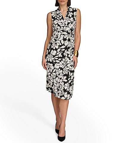 Donna Karan Sleeveless V-Neck Hardware Embellished Floral Print Sheath Dress