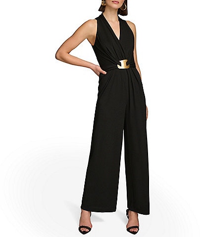 Donna Karan Sleeveless V-Neck Hardware Embellished Jumpsuit