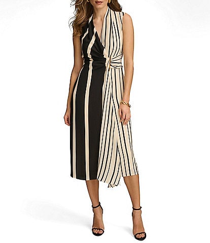 Donna Karan Sleeveless V-Neck Striped Faux Wrap Midi Dress