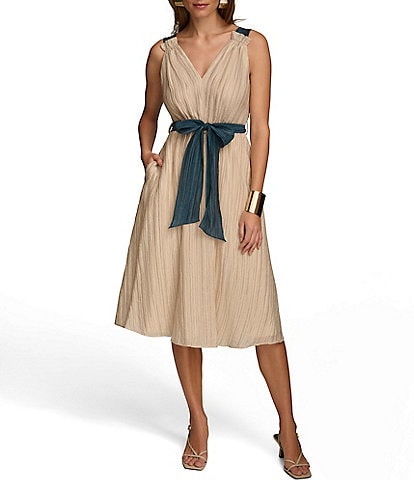 Donna Karan Sleeveless V-Neck Tie Waist Crinkle Gauze Dress