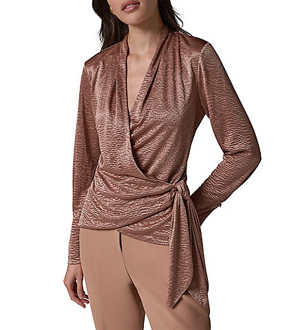 Donna Karan Solid Crinkle Knit Draped Surplice V-Neck Long Sleeve Side Tie Hem Top